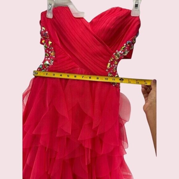 Masquerade coral color Strapless Ruffled Gown With Rhinestones Size 1/2 Prom Dre - Picture 5 of 15